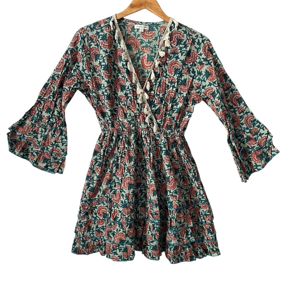Karma‎ Highway Floral Block Print Tassel V-Neck Bell Sleeve Mini Dress Sz Med